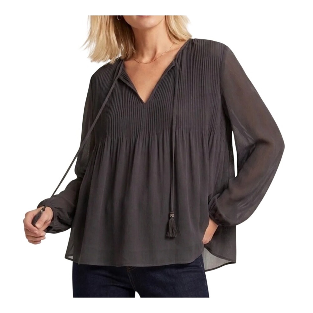 DANIEL RAINN Black Oversized Peasant Top PLEATED V-Neck w/Tassel Ties SIZE S